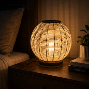 Round Woven Decorative Bedside Table Lamp – Warm Ambient Light