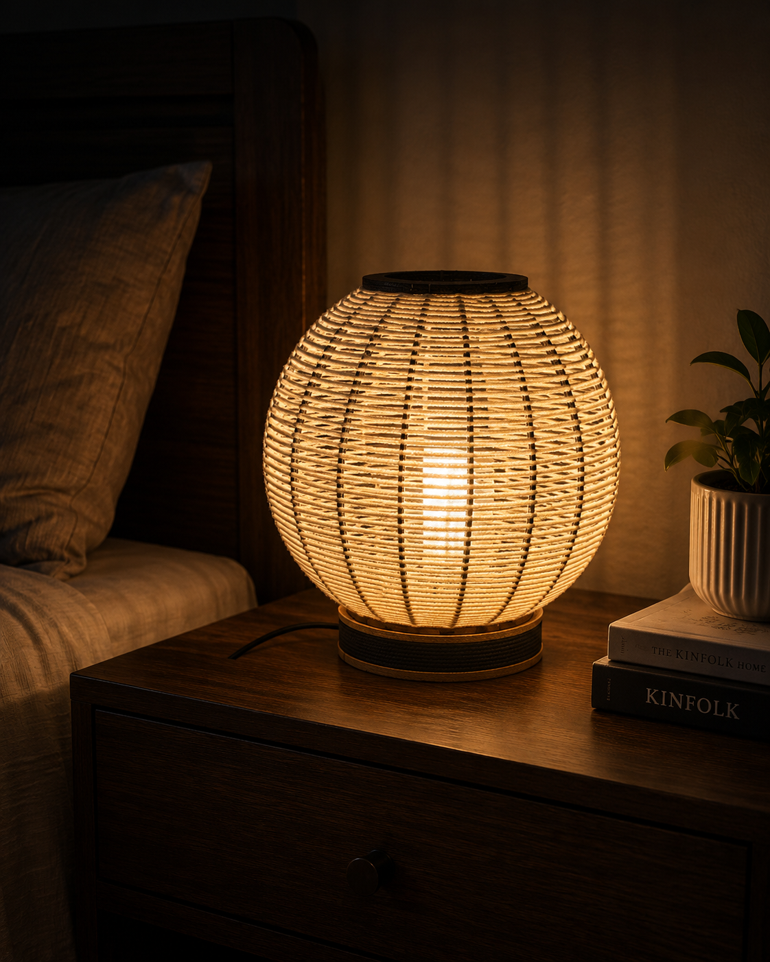 Round Woven Decorative Bedside Table Lamp – Warm Ambient Light