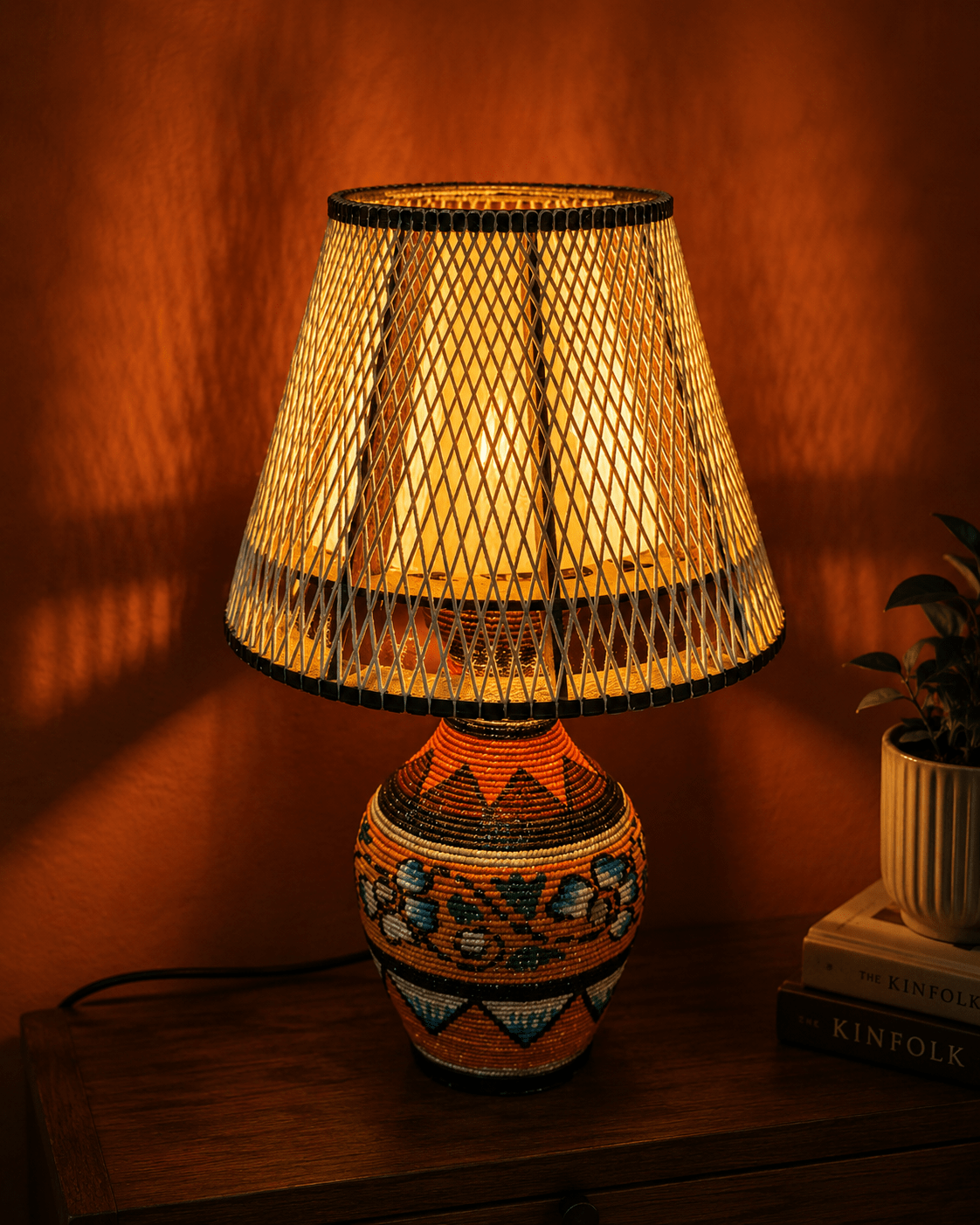 Handcrafted Artistic Table Lamp with Woven Shade – Warm Ambient Light